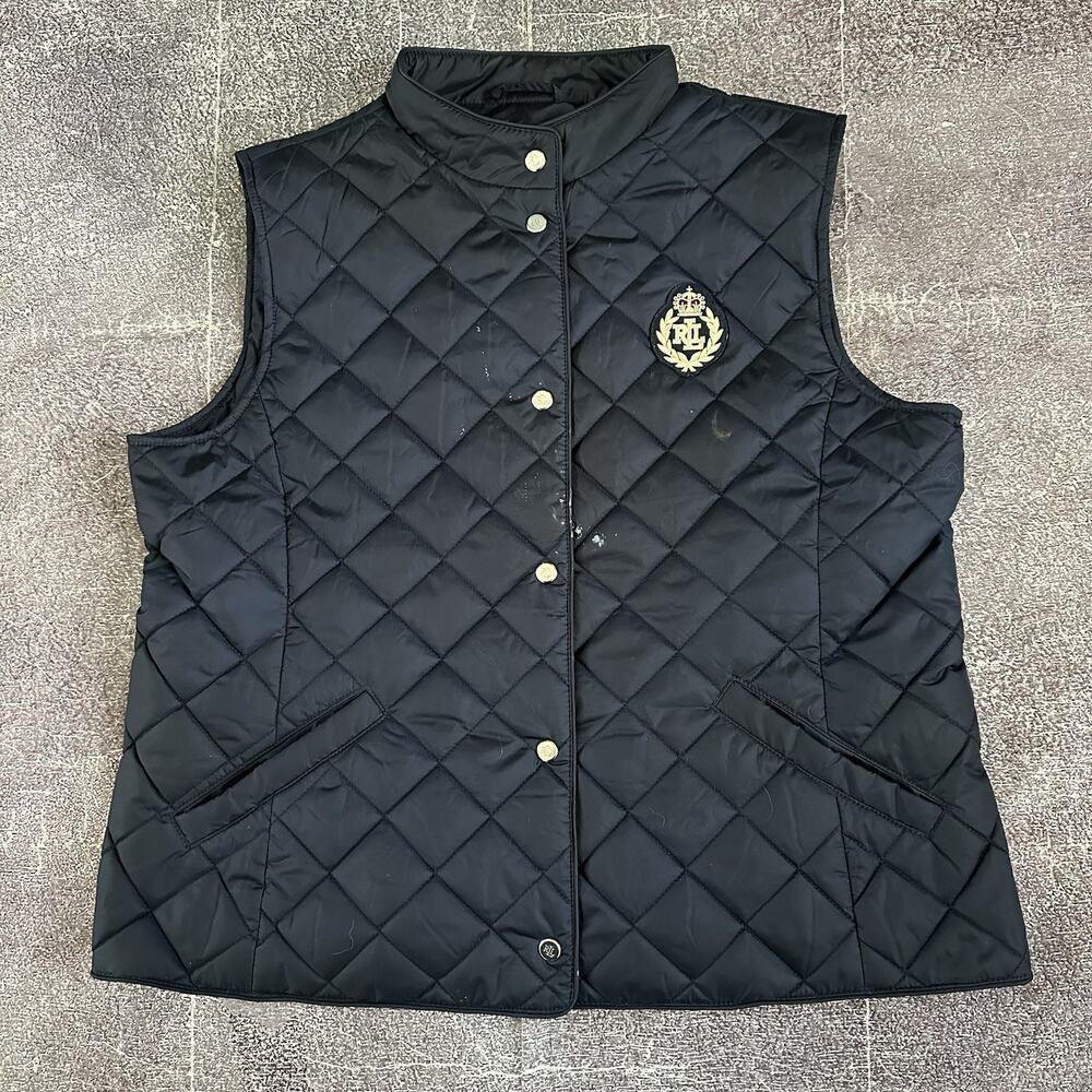 Womens Lauren Ralph Lauren Navy Blue Crested Quilted Button Up Puffer Vest Sz XL